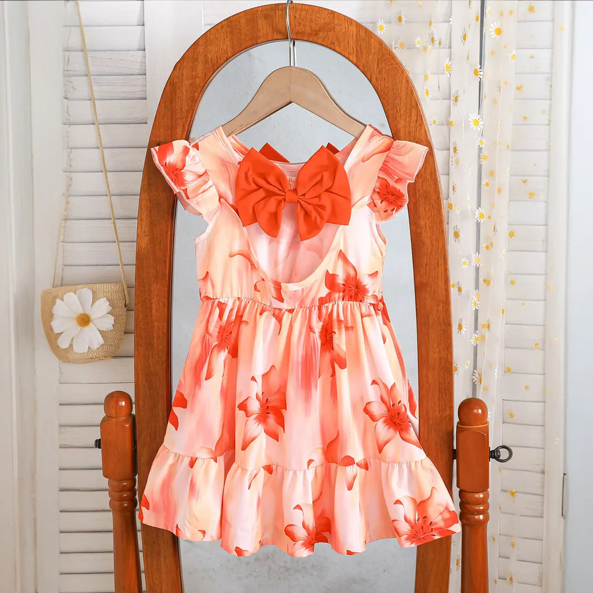 Girls Orange Floral Print Fit & Flare Dress With Bow Details Casual Dresses