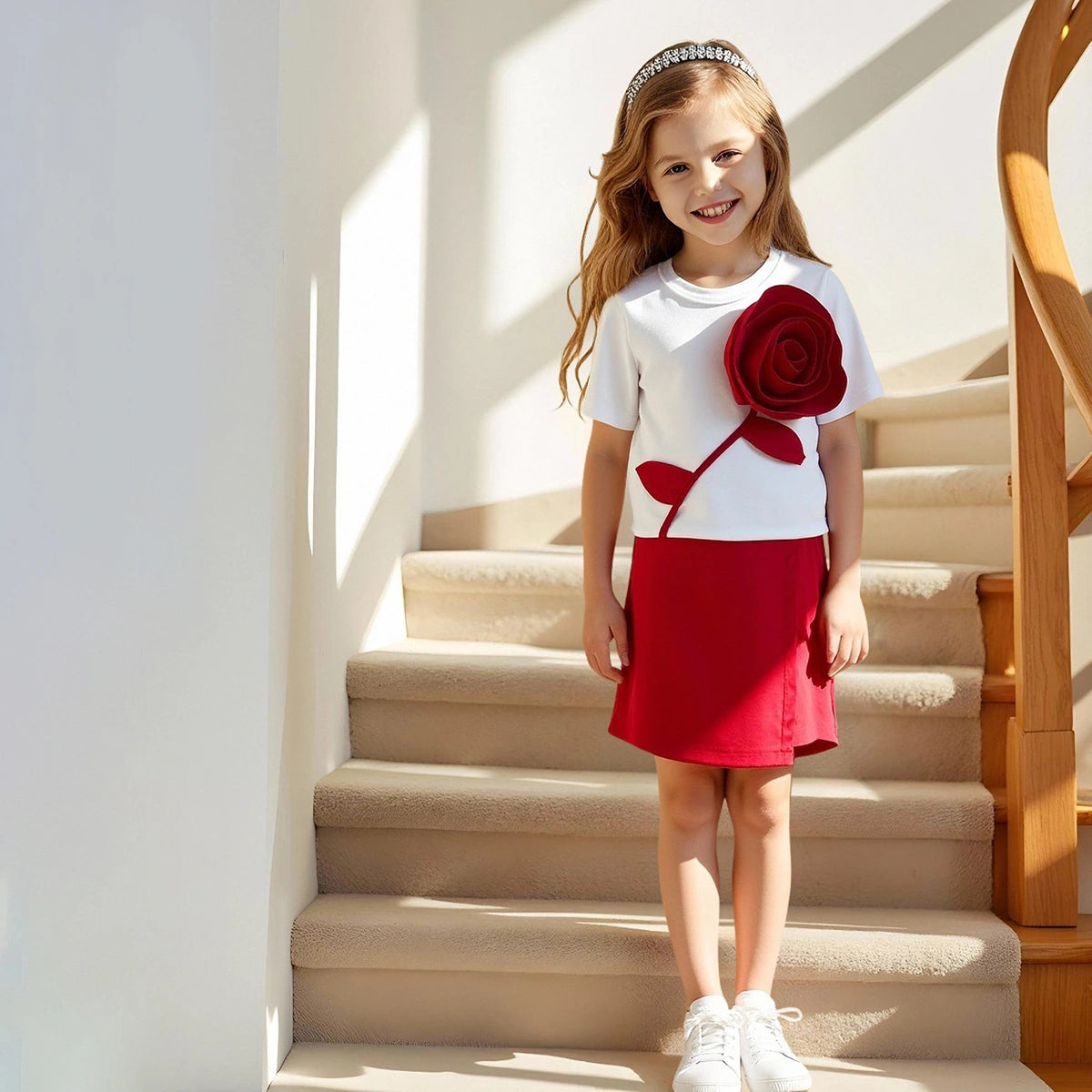 Girls White 3D Rose Applique T-Shirt With Skort Sets Sets