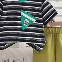 Boys Black Striped Triangular Patch Pocket T-Shirt With Brown Shorts Set 2 pc. Sets