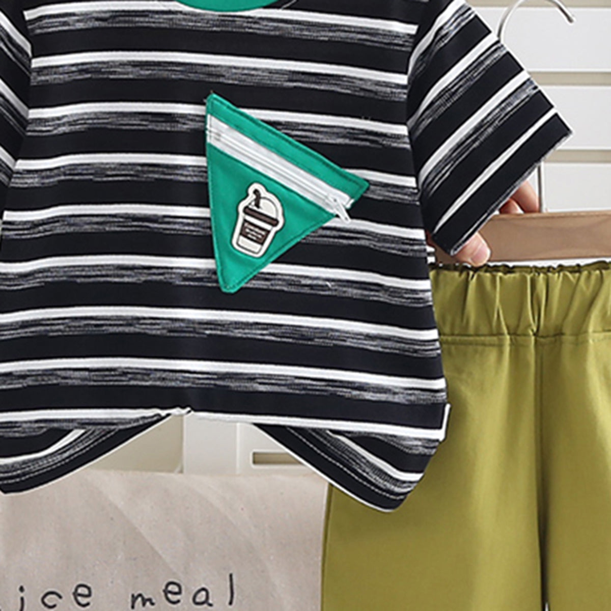 Boys Black Striped Triangular Patch Pocket T-Shirt With Brown Shorts Set 2 pc. Sets
