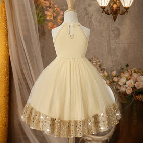 Girls Beige Sequin Embellished Sleeveless Fit & Flare Dress Casual Dresses