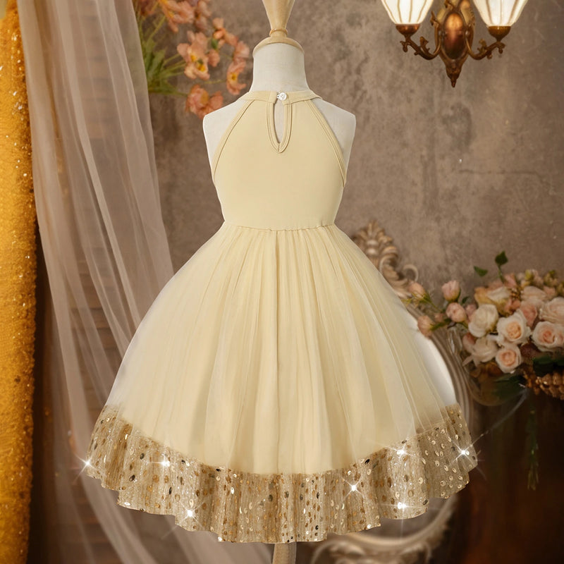Girls Beige Sequin Embellished Halter Fit & Flare Dress INCLUD Girls Beige Sequin Embellished Halter Fit & Flare Dress INCLUD