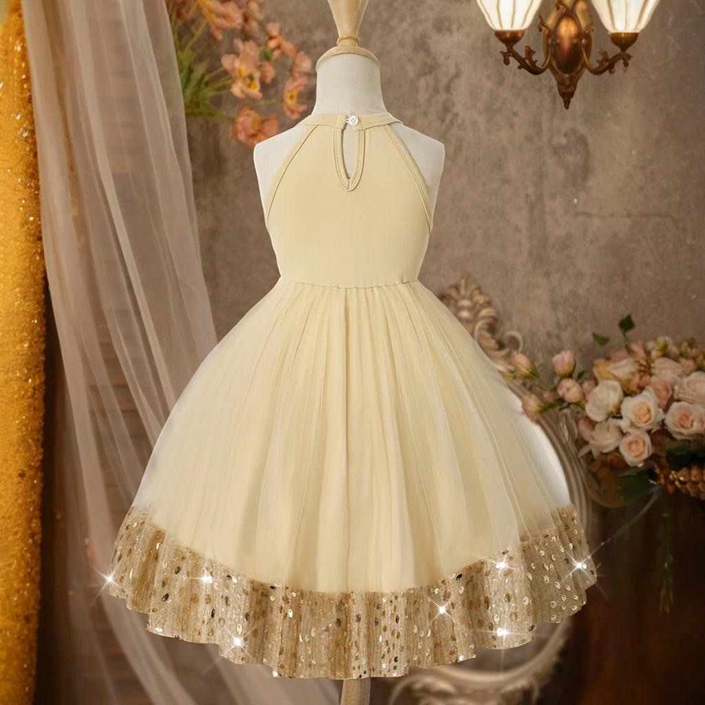 Girls Beige Sequin Embellished Sleeveless Fit & Flare Dress Casual Dresses