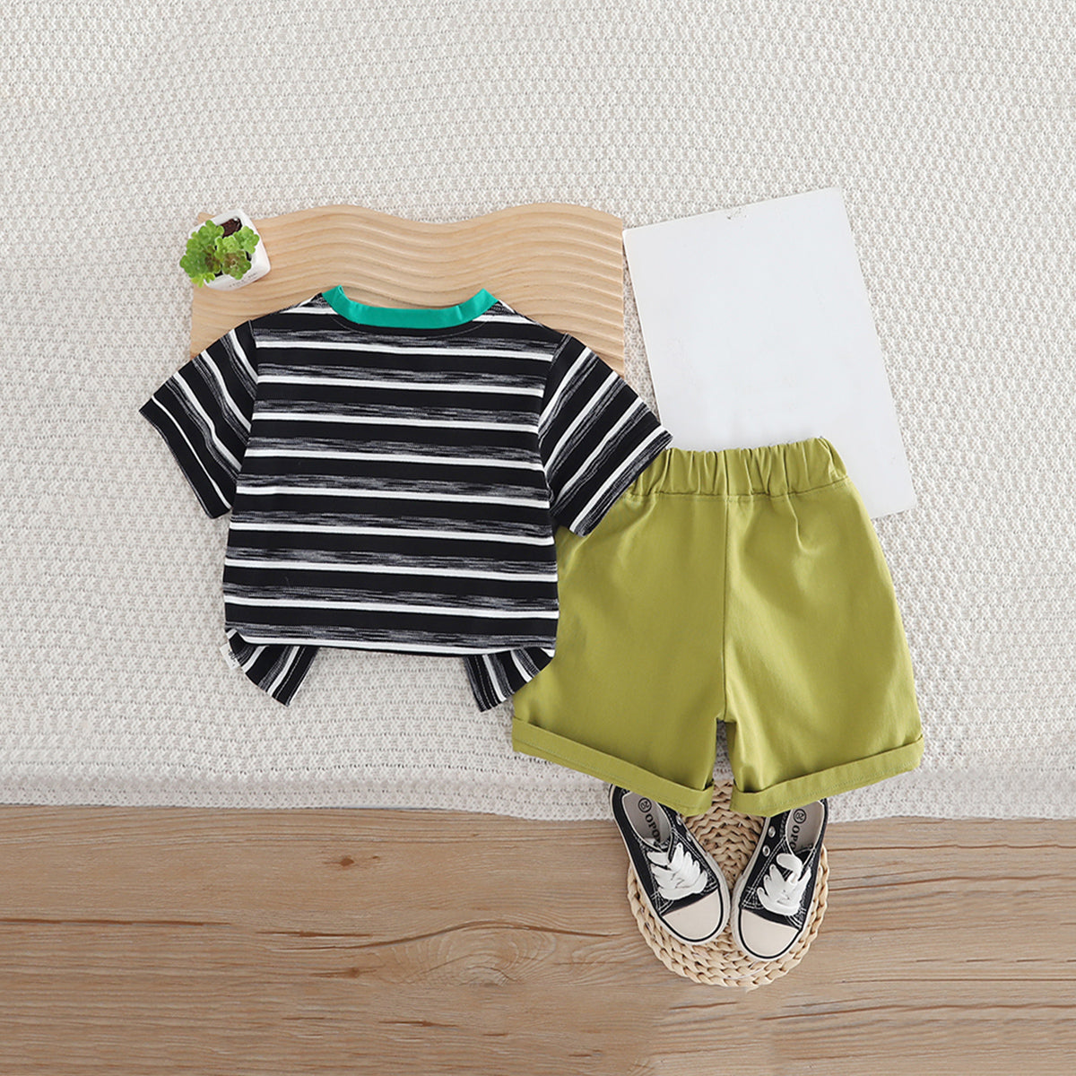 Boys Black Striped Triangular Patch Pocket T-Shirt With Brown Shorts Set 2 pc. Sets