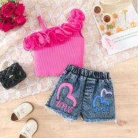 Girls Fuchsia Ruffle One-Shoulder Top With Heart Printed Denim Shorts Sets Sets