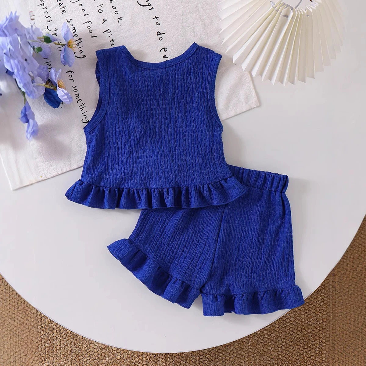 Girls Blue Textured Sleeveless Ruffle Top With Shorts Sets 2 pc. Sets