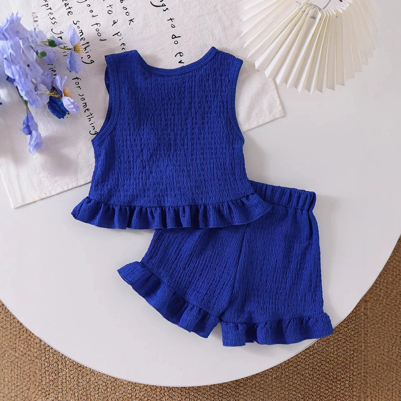 Girls Blue Textured Sleeveless Ruffle Top With Shorts Sets 2 pc. Sets