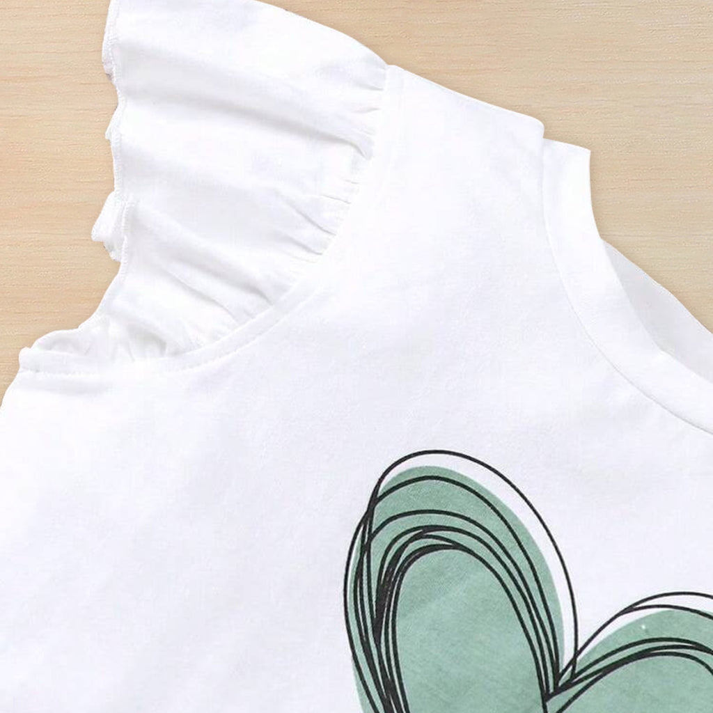 Girls Heart Printed Flutter Sleeves Top With Green Shorts Set 2 pc. Sets