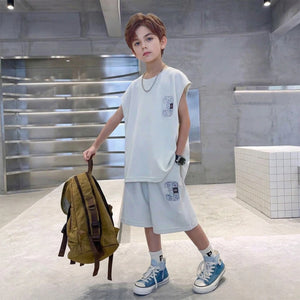 Boys Apricot Typographic Printed Sleeveless T-Shirt With Elasticated Shorts Sets Sets Apricot 5-6 Y