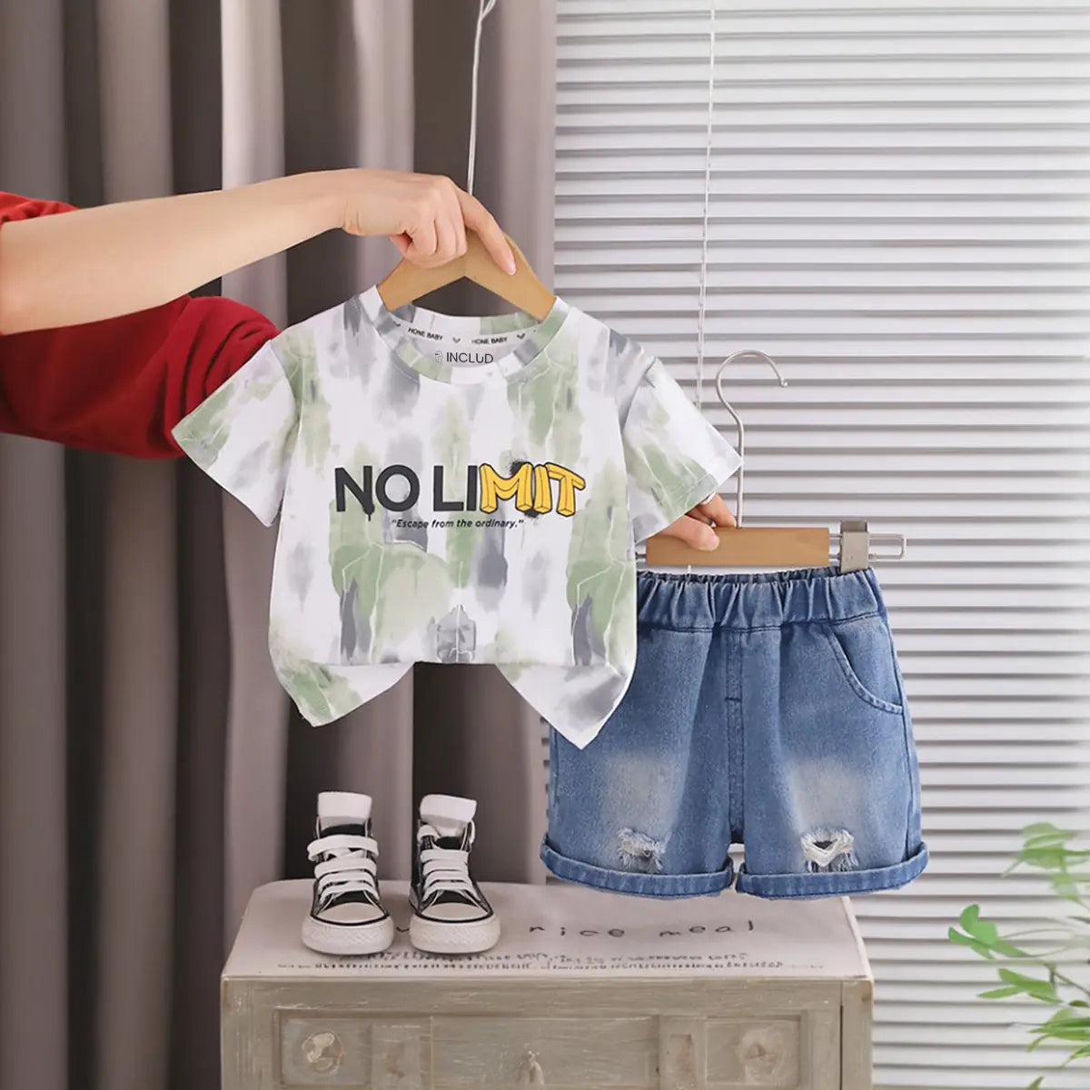 Boys Light Green Tie-Dye Printed Round Neck T-Shirt With Denim Shorts Sets 2 pc. Sets Light Green 1-2 Y