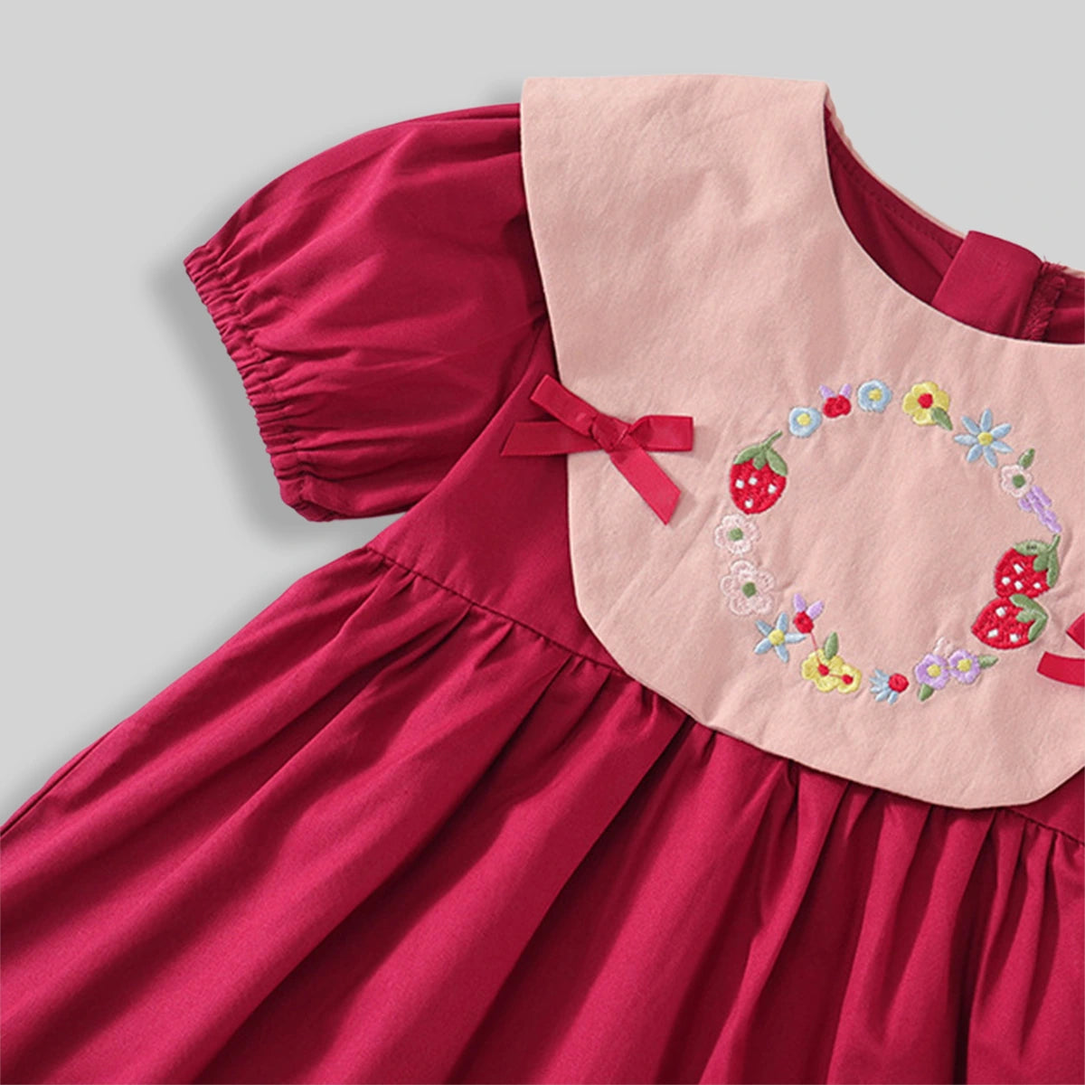 Girls Red Floral Embroidered Short Sleeve Fit & Flare Dress Casual Dresses