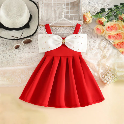 Girls Red Sleeveless Fit & Flare Party Wear Dress With Elegant Bow Detail Party Dresses Red 2-3 Y