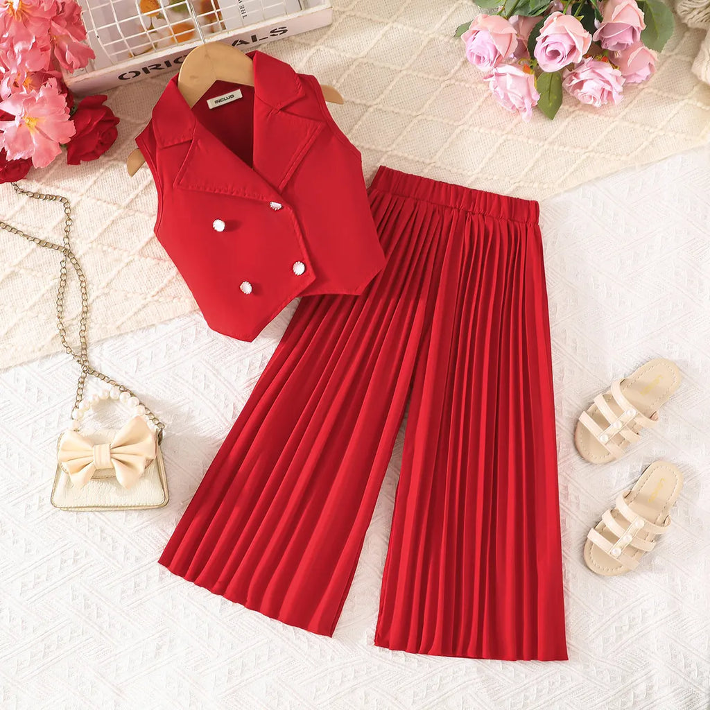 Girls Red Sleeveless Blazer Top With Pleated Flared Pant Co-ord Sets Sets Red 2-3 Y