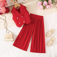 Girls Red Sleeveless Blazer Top With Pleated Flared Pant Co-ord Sets Sets Red 2-3 Y