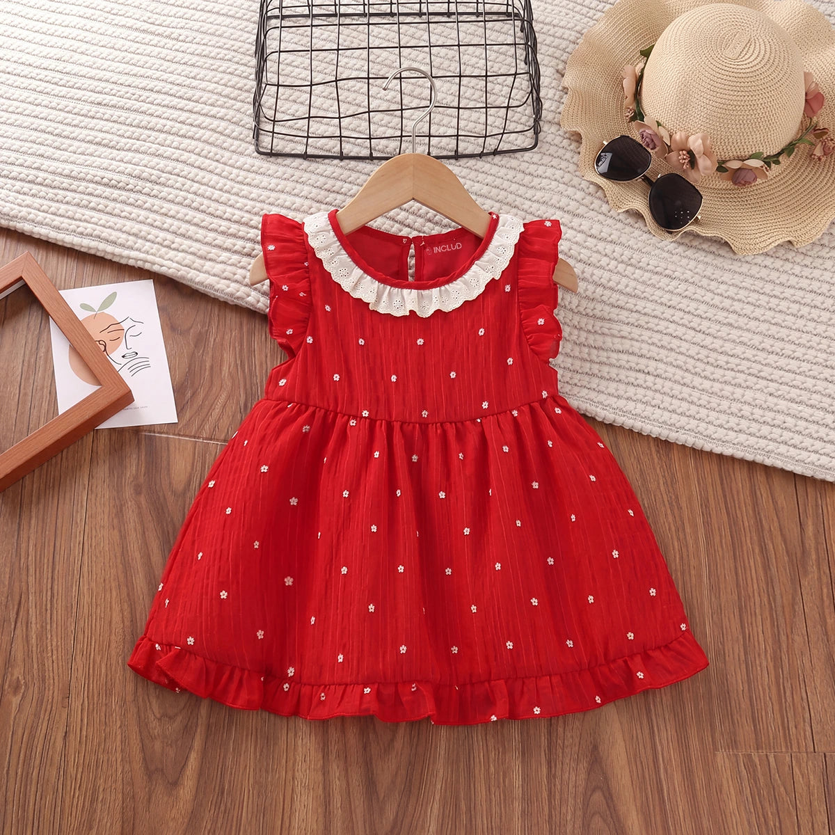 Girls Red Floral Print Flutter Sleeve Fit & Flare Dress Casual Dresses Red 1-2 Y