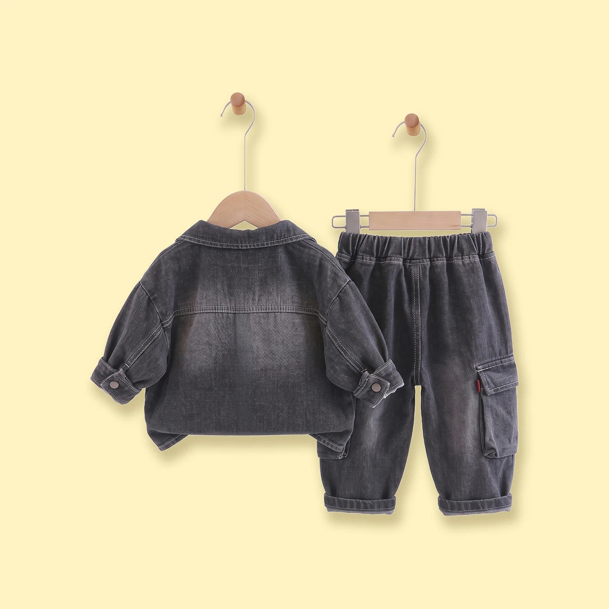 Boys Dark Grey Denim Shacket & Cargo Pants With T-Shirt Sets Sets