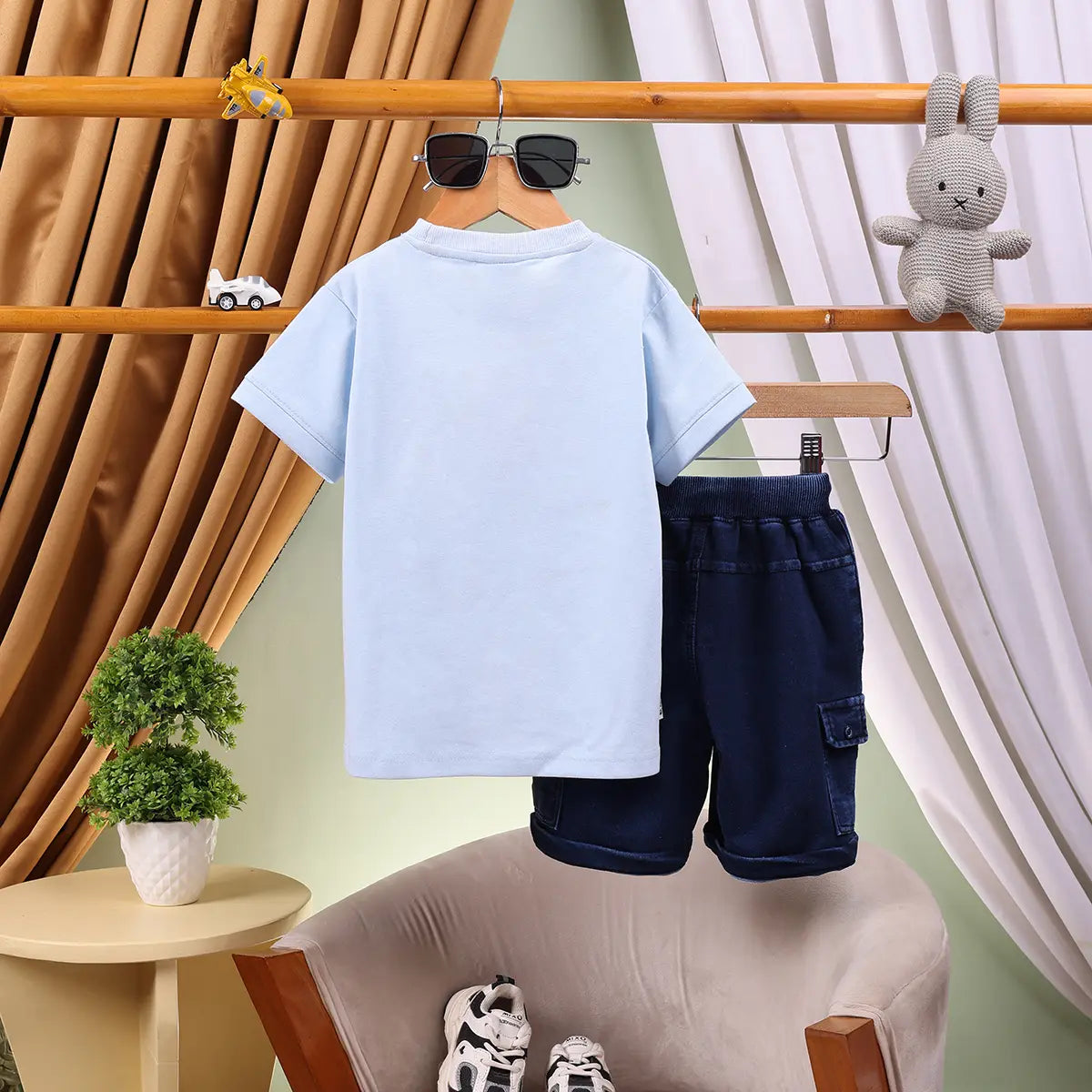 Boys Sky Blue Graphics Short Sleeve T-Shirt With Denim Shorts Sets 2 pc. Sets