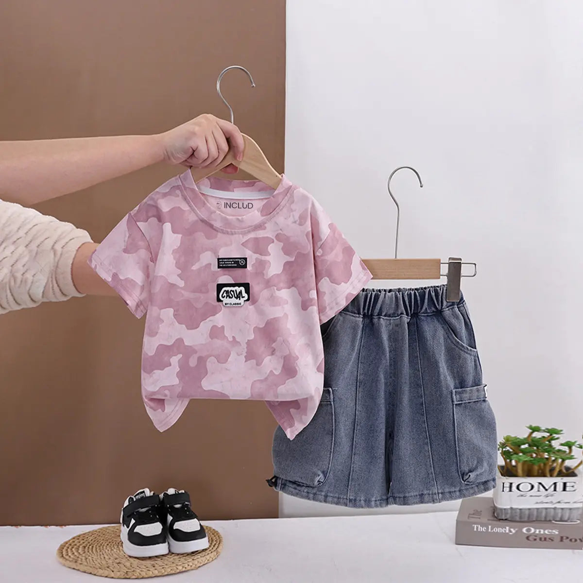 Boys Pink Camouflage Printed Round Neck T-Shirt With Denim Shorts Sets 2 pc. Sets Pink 1-2 Y