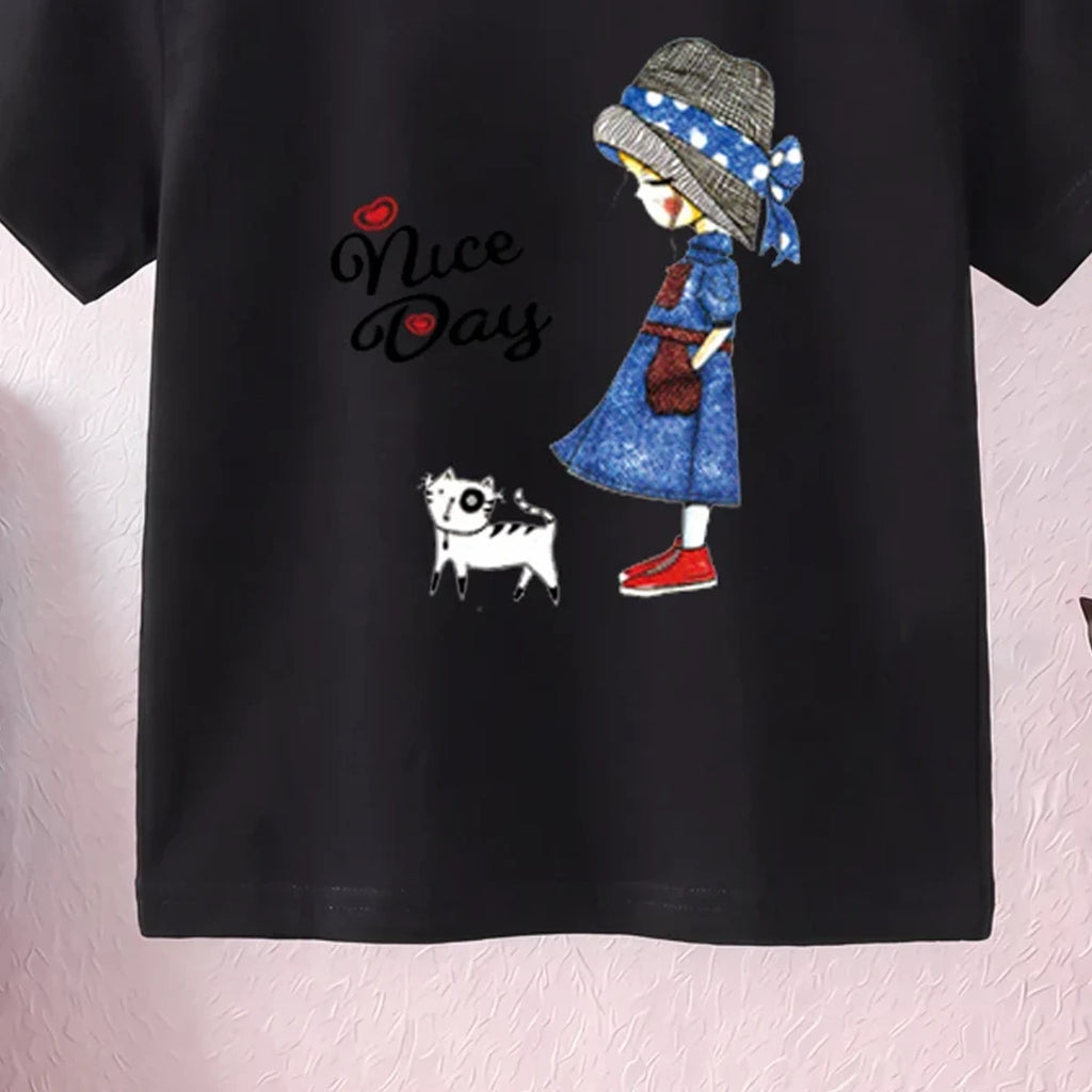 Girls Black Nice Day Typography Print Short Sleeve T-Shirt Tshirts