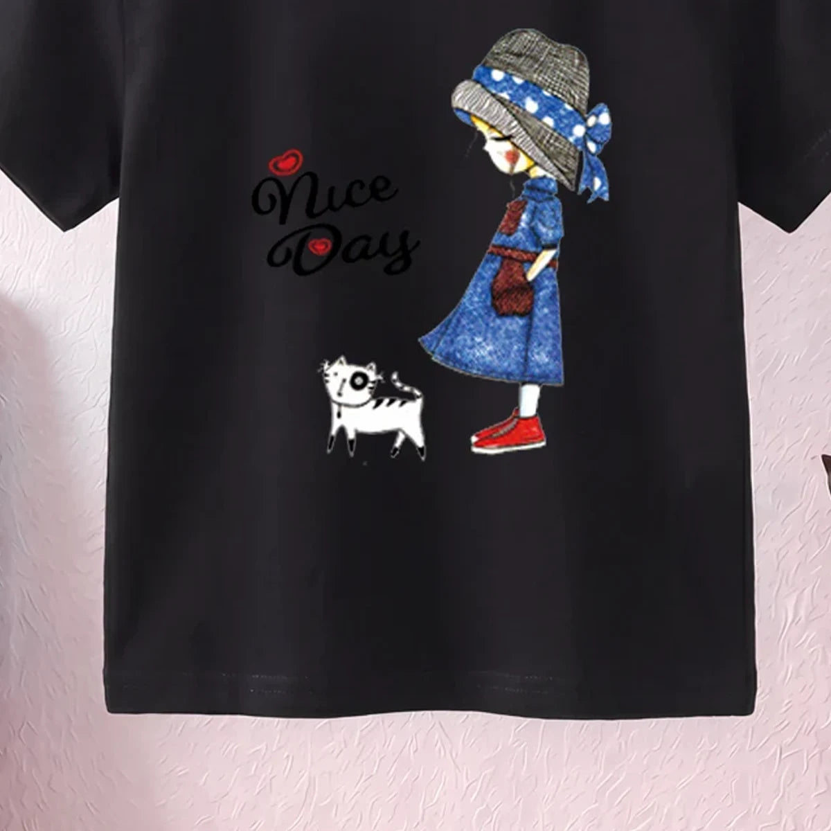 Girls Black Nice Day Typography Print Short Sleeve T-Shirt Tshirts