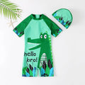 Boys Green Graphics Swimwear Bodysuit With Swim Cap Beachwear Green 3-4 Y
