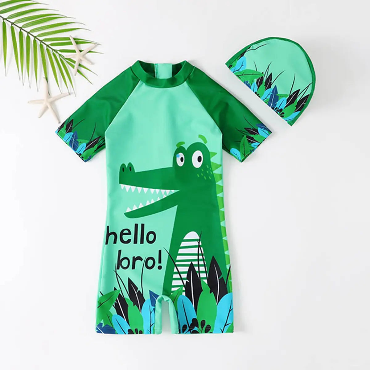Boys Green Graphics Swimwear Bodysuit With Swim Cap Beachwear Green 3-4 Y