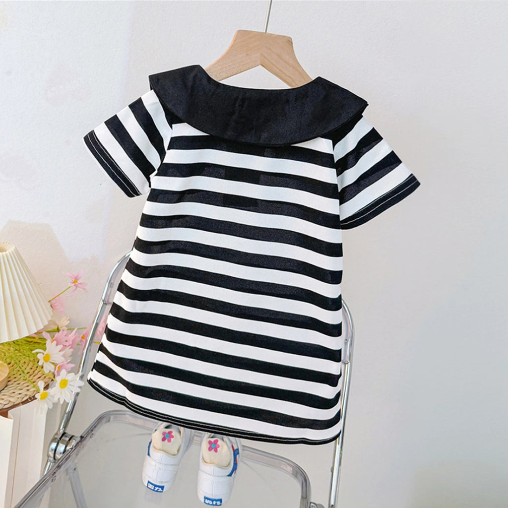 Girls Black & White Striped Cotton Polo Dress with Bear Detail Casual Dresses