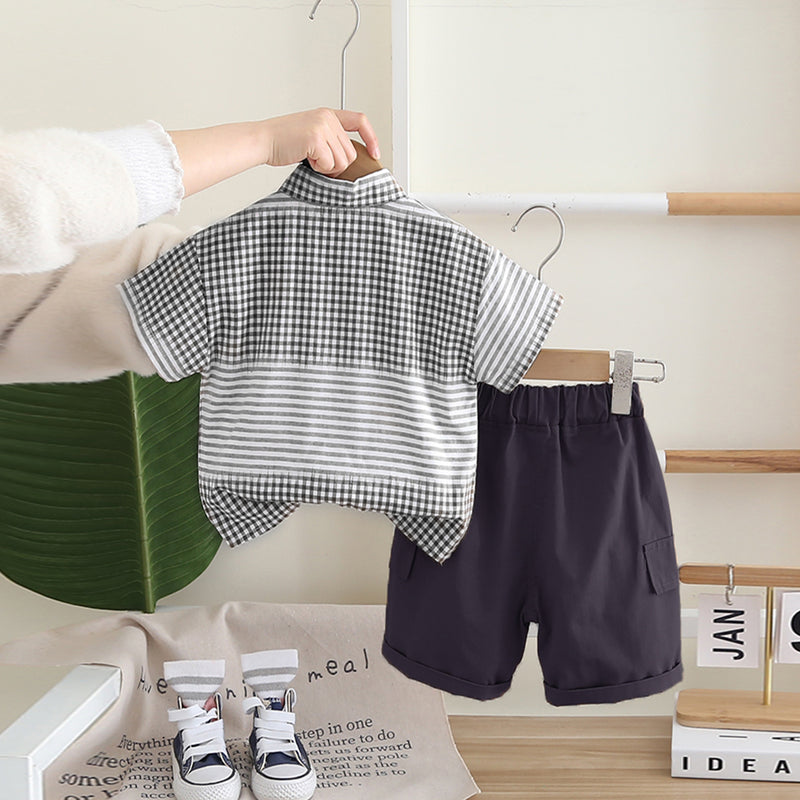 Boys Dark Grey Check Shirt With T-Shirt And Shorts Set Sets