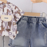 Boys Brown Typographic Print Short Sleeves T-Shirt With Denim Shorts Set Sets