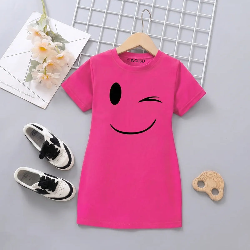 Girls Fuchsia Smiley Graphic Short Sleeve T-Shirt Dress Casual Dresses Fuchsia 4-5 Y