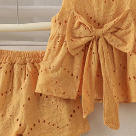 Girls Mustard Yellow Schiffli Peplum Top With Shorts Sets 2 pc. Sets