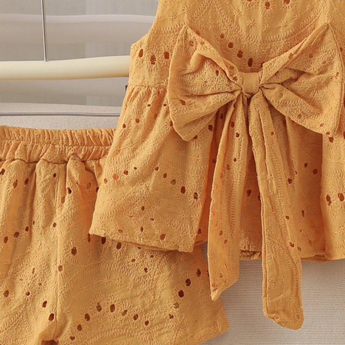 Girls Mustard Yellow Schiffli Peplum Top With Shorts Sets 2 pc. Sets