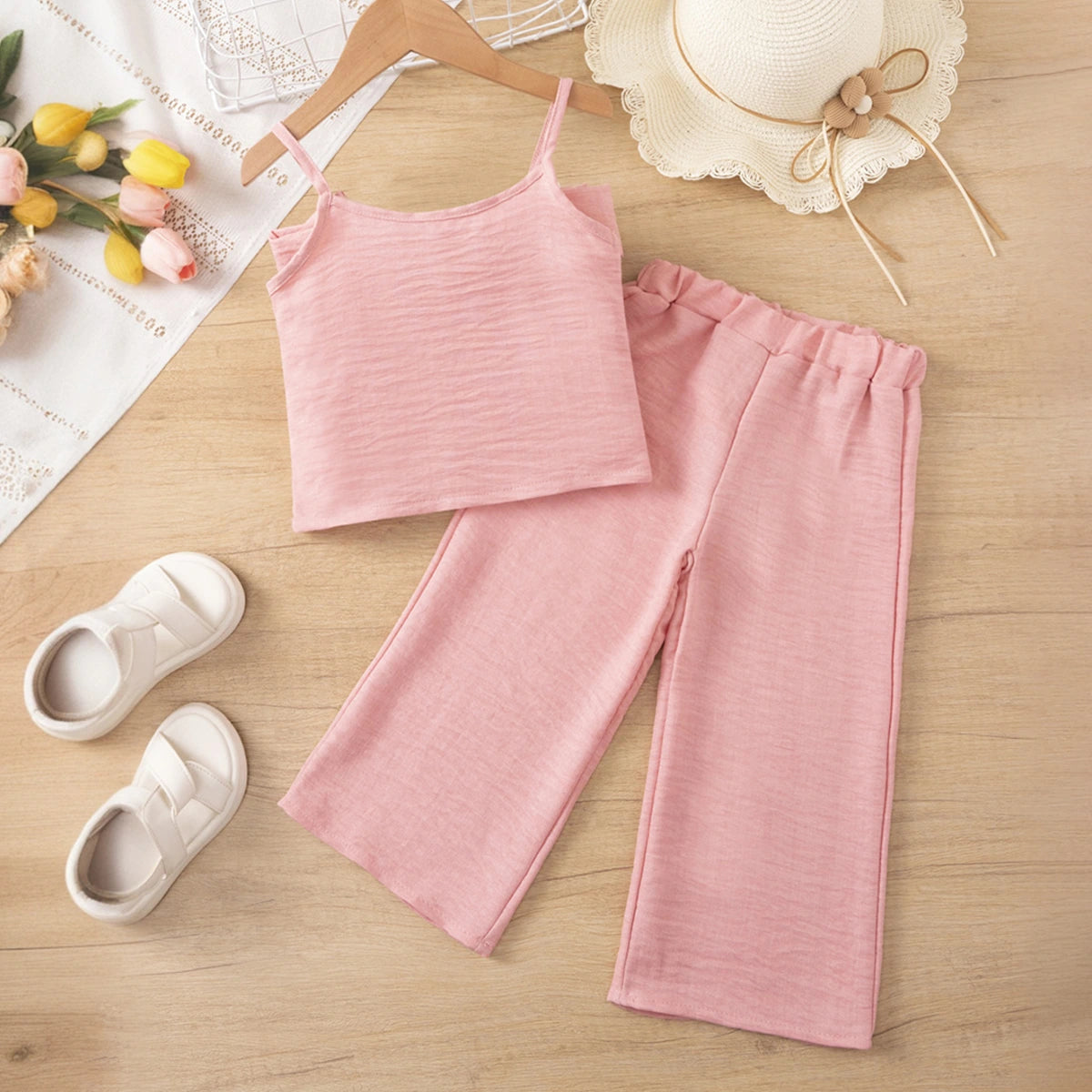 Girls Pink Textured Sleeveless Crop Top With Pants Co-ord Sets Sets