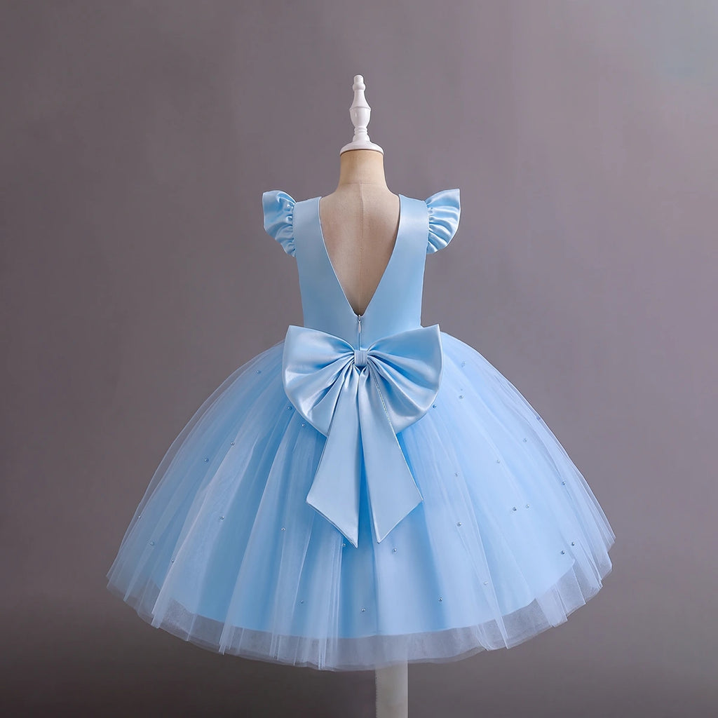 Girls Sky Blue Pearl-Embellished Flutter Sleeve Party Wear Dress Party Dresses