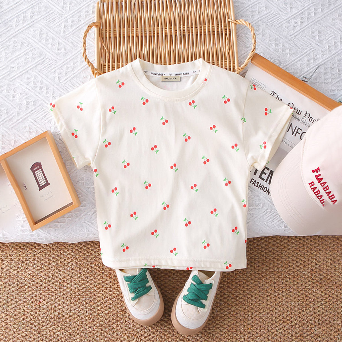 Girls Cherry Printed T-Shirt With Purple Cherry 3D Appliqued Dungaree Set 2 pc. Sets