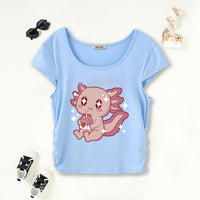 Girls Light Blue Graphic Printed Short Sleeves Scoop Neck T-Shirt Tshirts Light Blue 7-8 Y