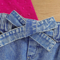 Girls Fuchsia Sleeveless Top With Heart Embroidery Denim Skirt Set 2 pc. Sets