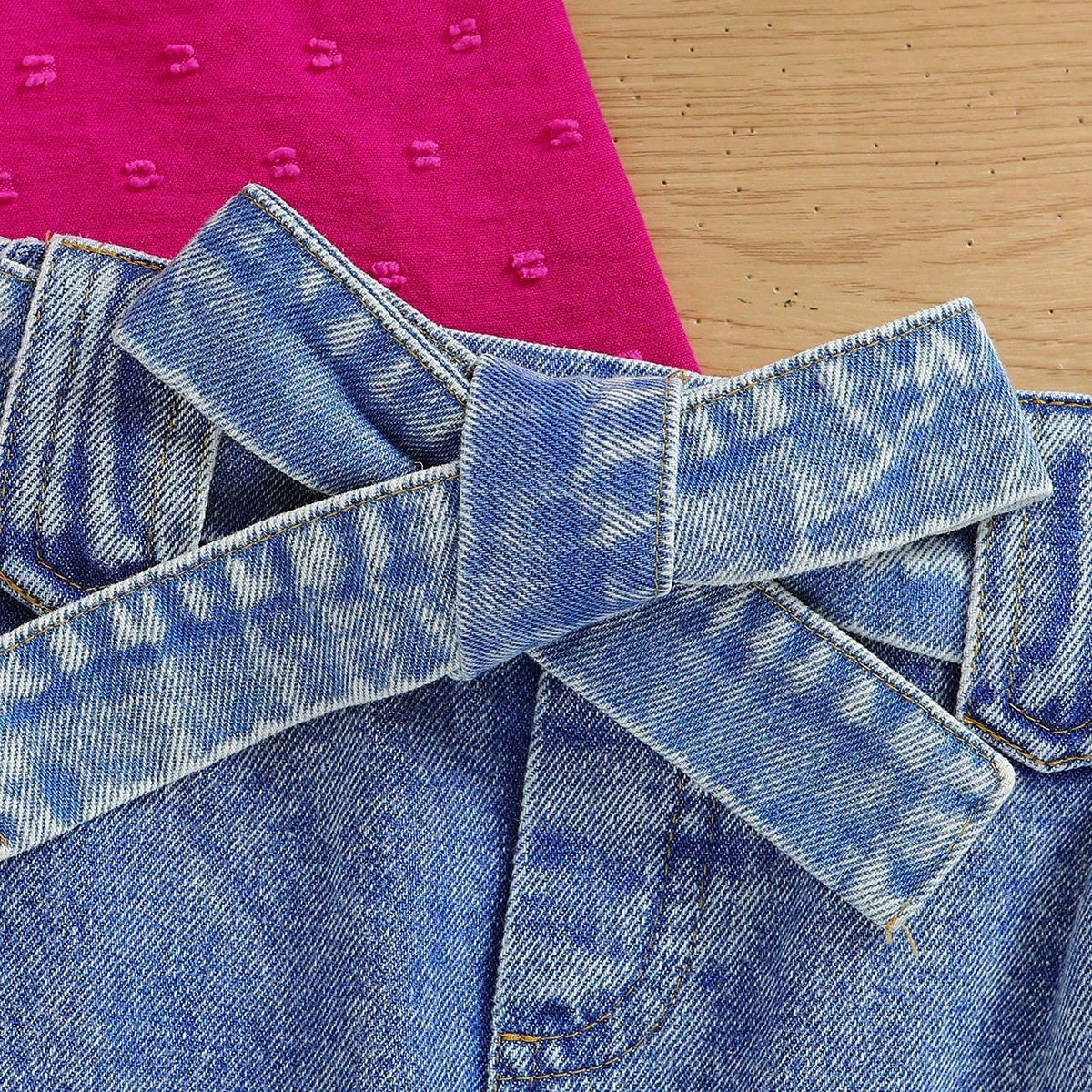 Girls Fuchsia Sleeveless Top With Heart Embroidery Denim Skirt Set 2 pc. Sets