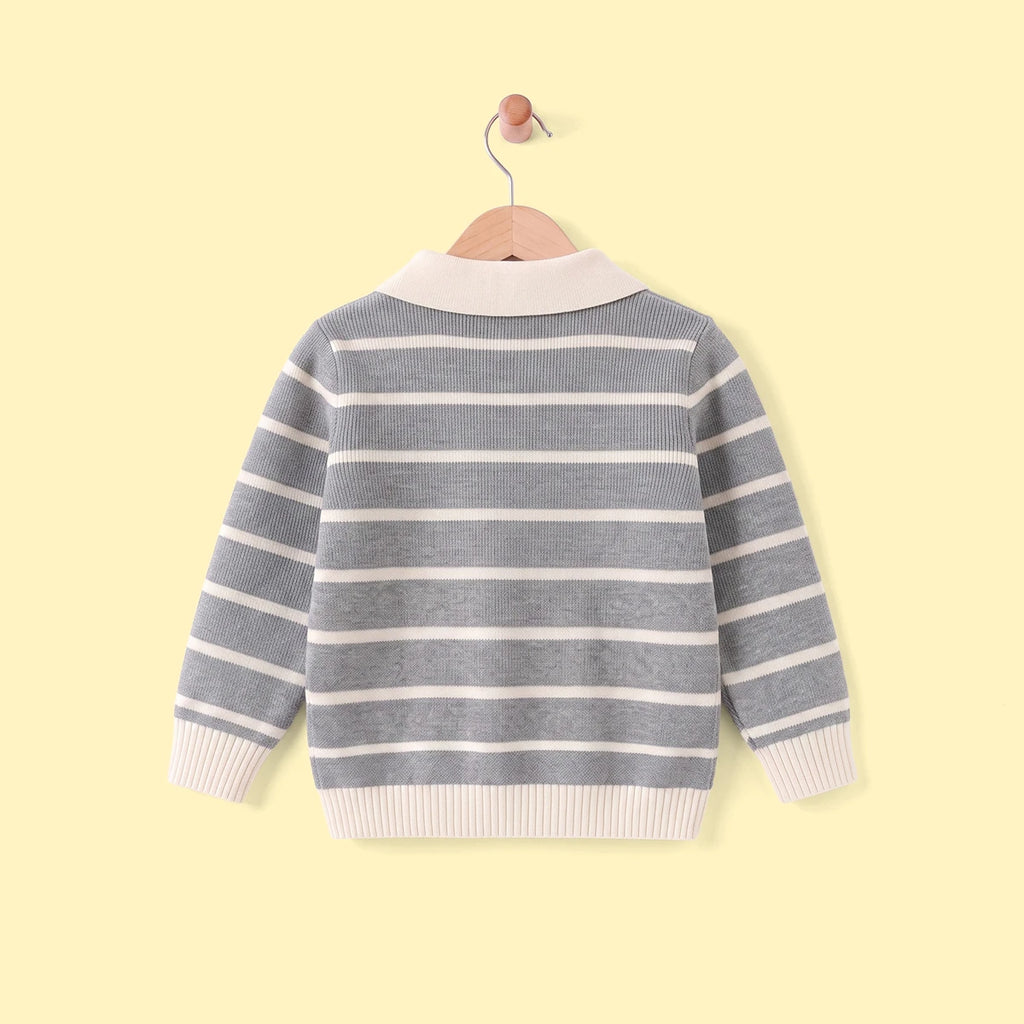 Boys Grey Polo Collar Sweatshirt With Self Design Stripe Patterns Sweaters & Cardigans