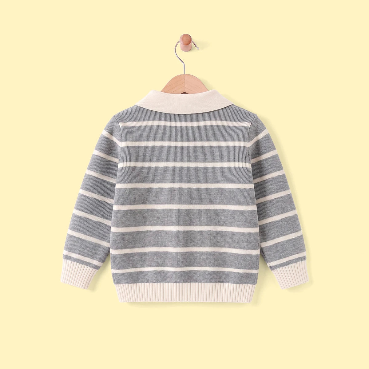 Boys Grey Polo Collar Sweatshirt With Self Design Stripe Patterns Sweaters & Cardigans