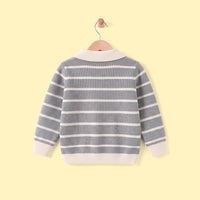 Boys Grey Polo Collar Sweatshirt With Self Design Stripe Patterns Sweaters & Cardigans