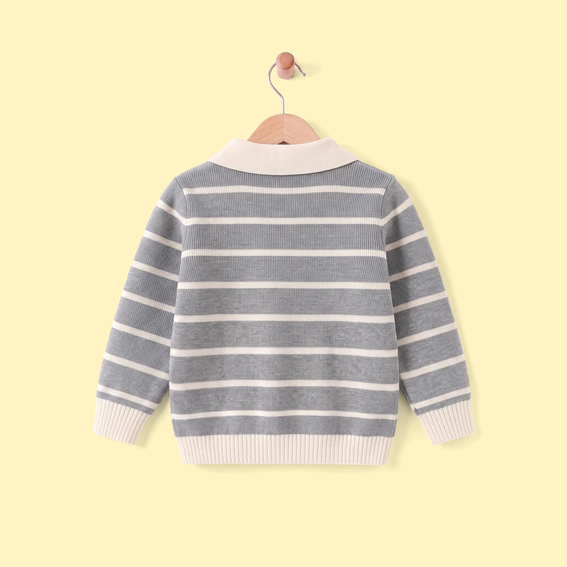 Boys Grey Polo Collar Sweatshirt With Self Design Stripe Patterns Sweaters & Cardigans