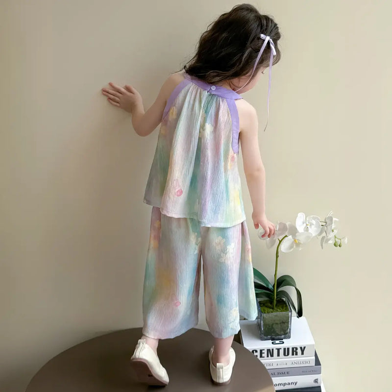 Girls Purple Floral Pearl Detail Top With Pants Sets Sets