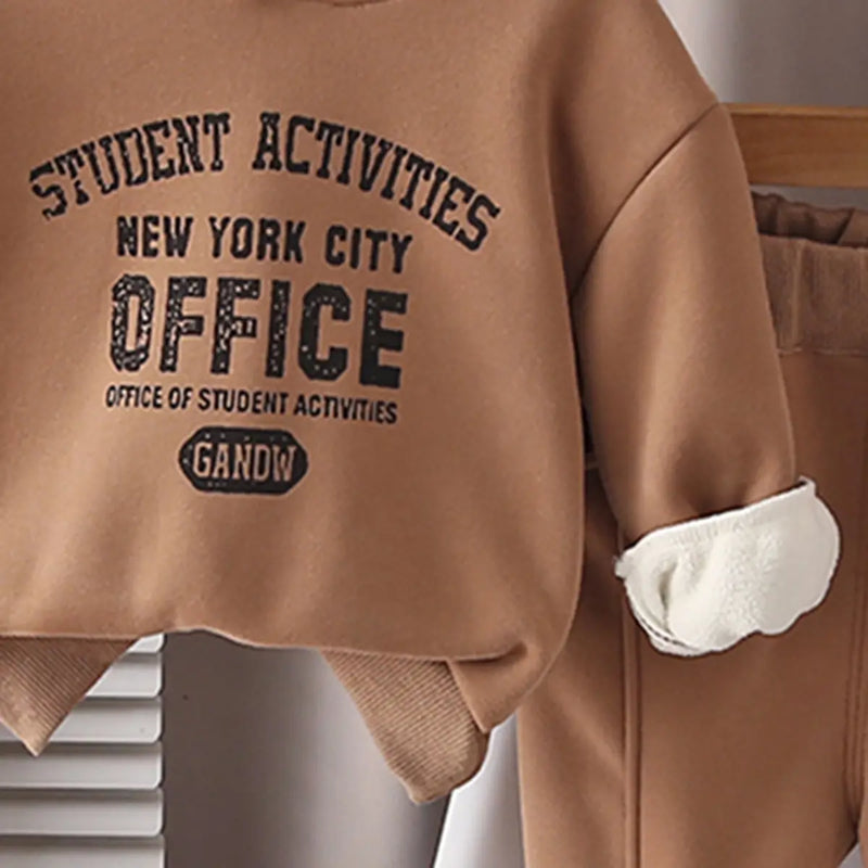 Boys Brown Typographic Printed Hoodie With Jogger Sets Sets