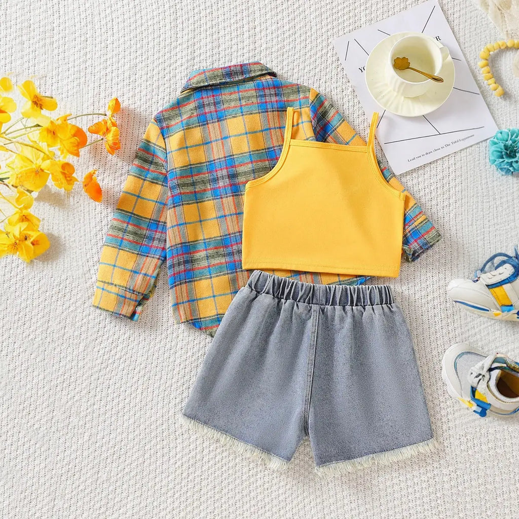 Girls Yellow Checked Shirt With Denim Shorts & Camisole Crop Top Sets Sets