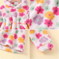 Girls Multicolor Floral Print Hooded Fleece Dress Casual Dresses