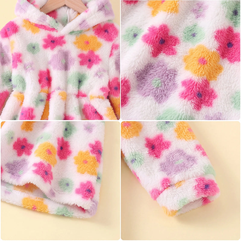 Girls Multicolor Floral Print Hooded Fleece Dress Casual Dresses