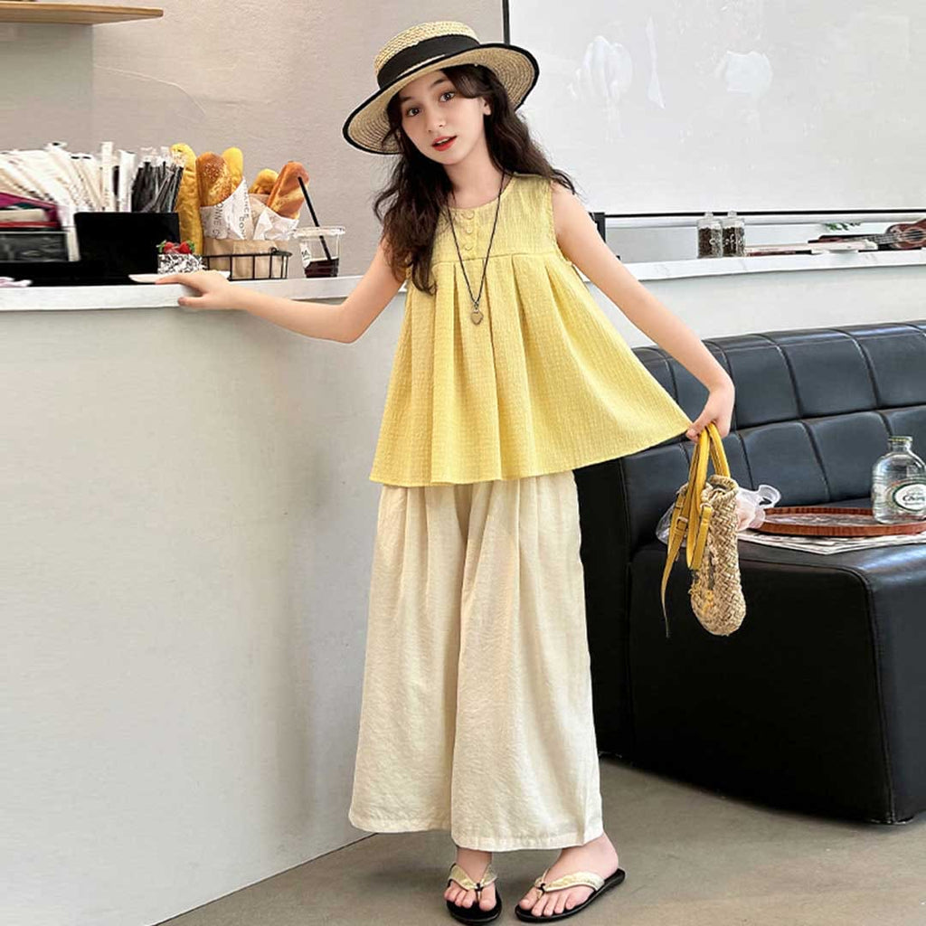 Girls Sleeveless Empire Line Top With Pants Set Sets   