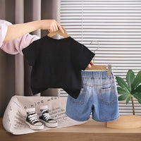 Boys Black Graphic Printed Short Sleeve T-Shirt With Denim Shorts Sets 2 pc. Sets