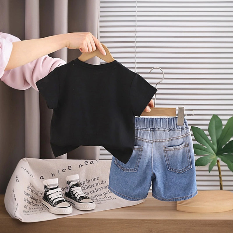 Boys Black Graphic Printed Short Sleeve T-Shirt With Denim Shorts Sets 2 pc. Sets